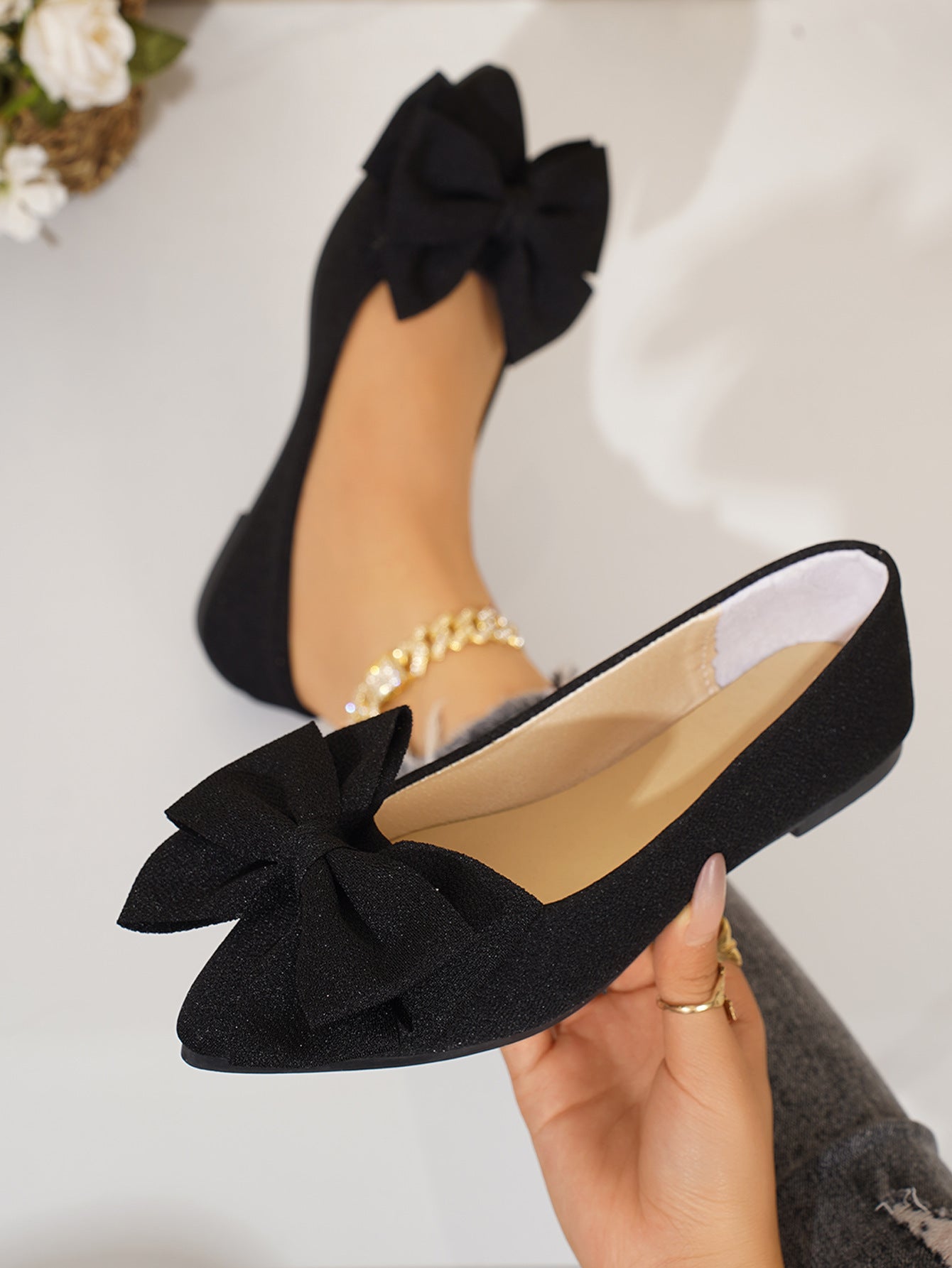 Women's Plus-Size Bow-Tie Slip-On Loafer Shoes | Pointed Toe, Low Heel, Cotton Upper