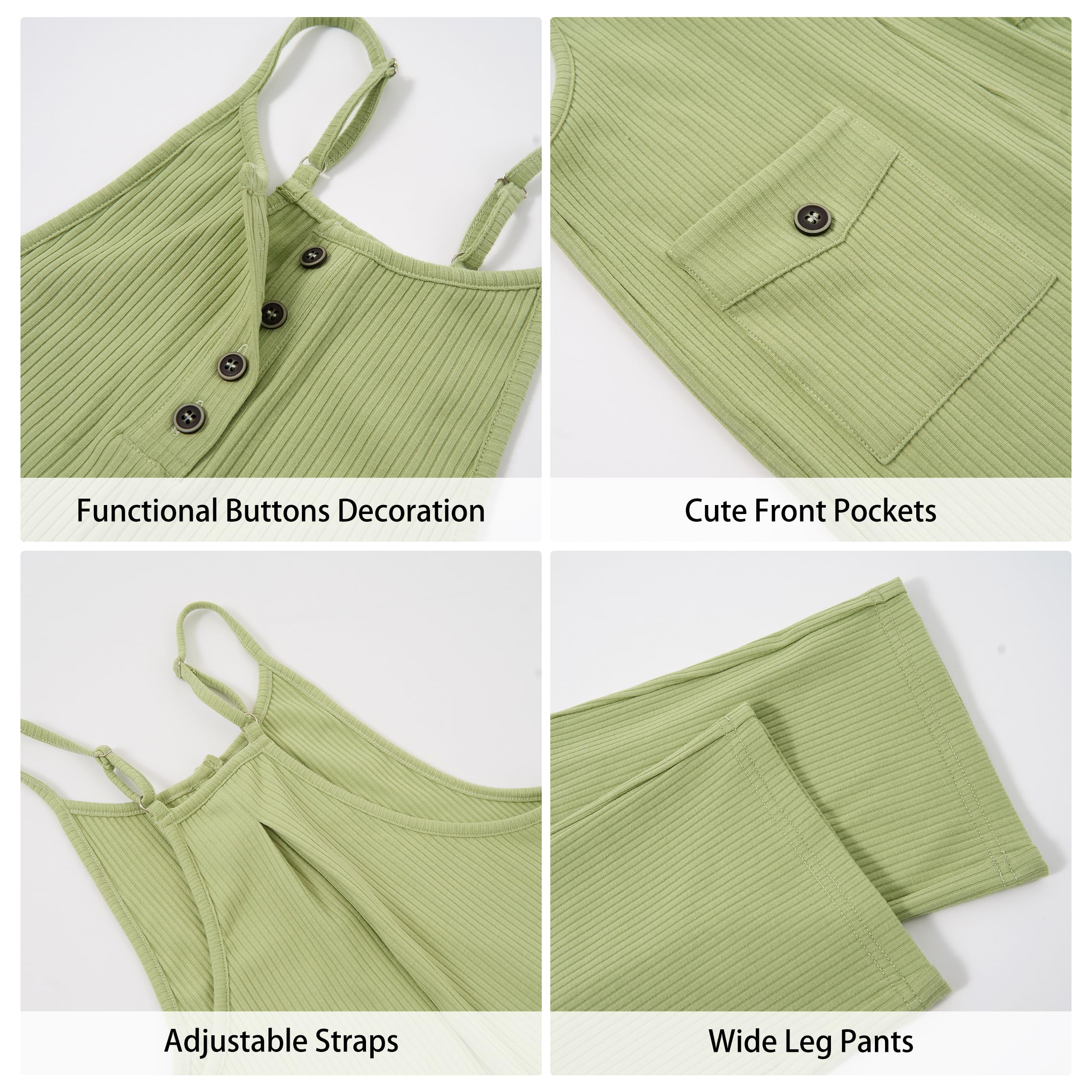 Rolanko Girls Jumpsuit Spaghetti Strap Romper Wide Leg Pockets Green Size 10-11Y
