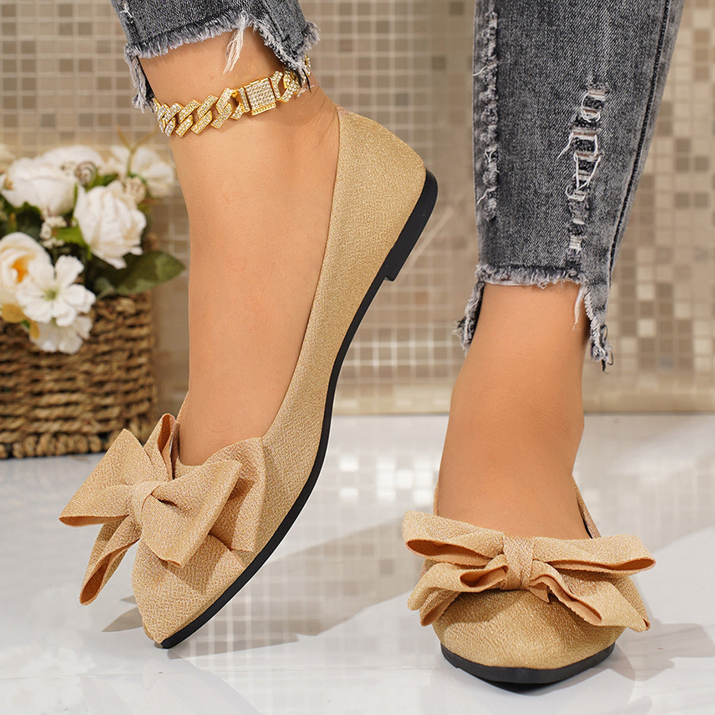 Women's Plus-Size Bow-Tie Slip-On Loafer Shoes | Pointed Toe, Low Heel, Cotton Upper